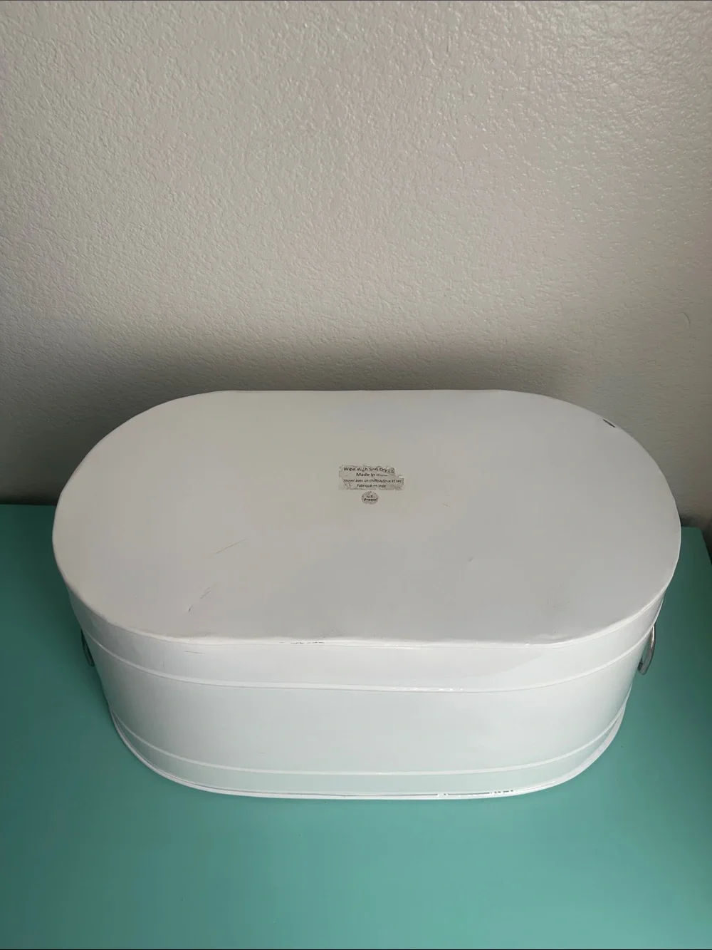 Harry Baker white handmade metal storage tub with silver paw detail-used